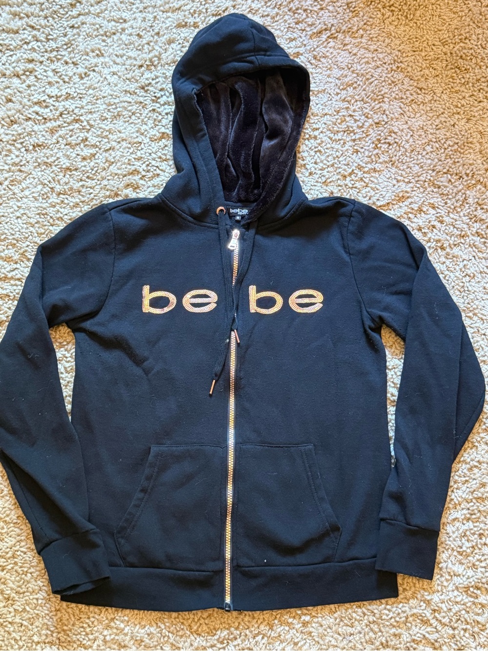 bebe Sport Black Zip Up Hoodie Rose Gold Sequin Logo M Y2K Vintage Aesthetic